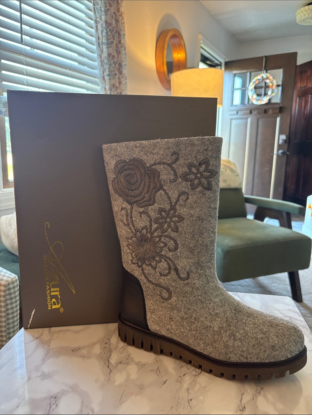 Azure Gray Floral Embroidered Mid-Calf Winter Boot